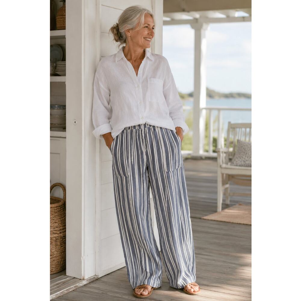 NWT Royalty for Me Large Casual Breton Striped Cotton Pants Wide Leg Trousers
